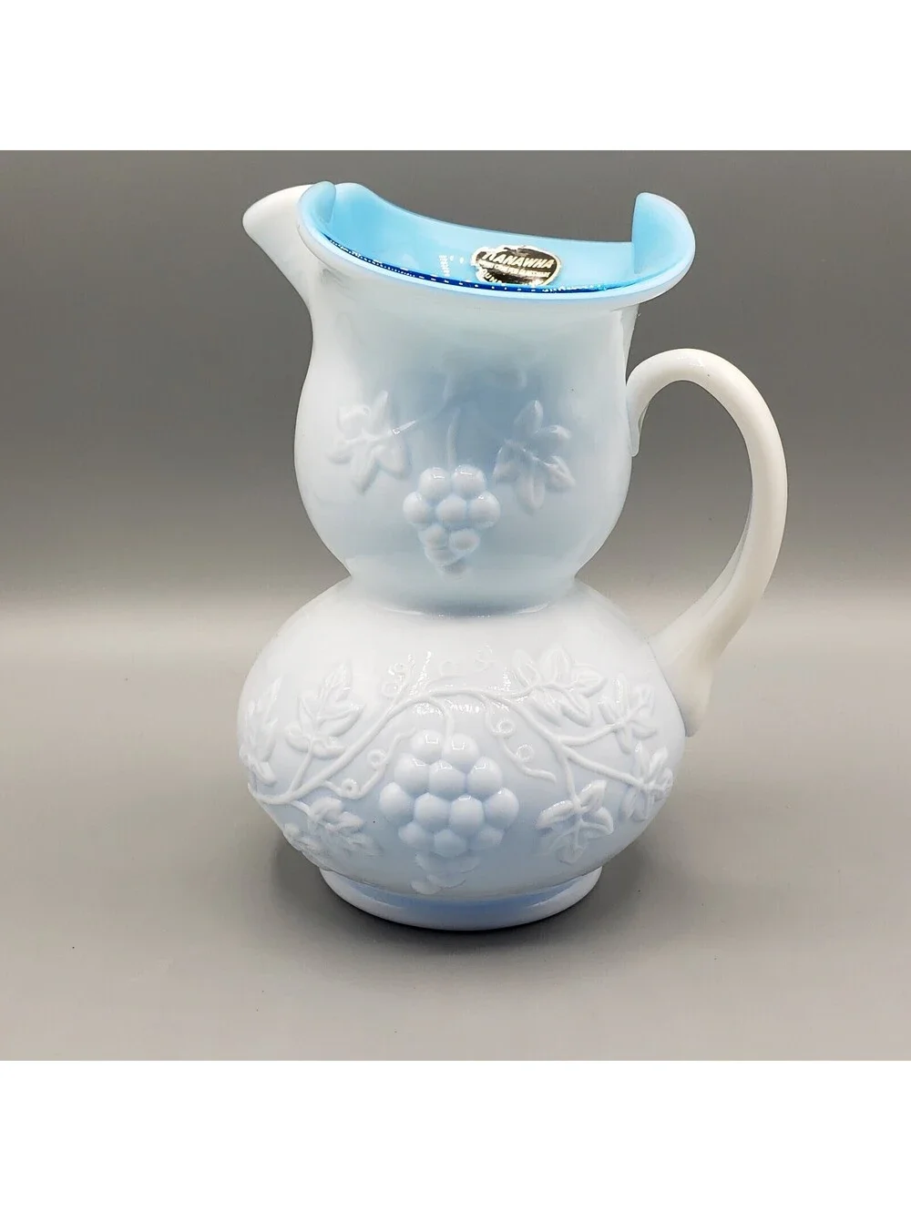Vintage Kanawha Pitcher Vase Grapes Cased Glass White On Blue Pinched Spout USA
